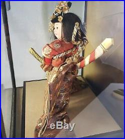 Vintage Japanese Doll Samurai Girl Warrior In Original Glass Case Antique Rare