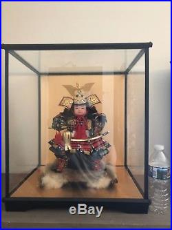 Vintage Japanese Doll Samurai Warrior Silk In Original Glass Case 20