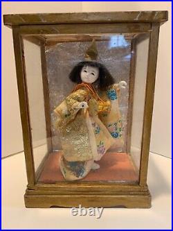 Vintage Japanese Drummer Girl Gofun Hina Doll in Glass & Wood Display Case