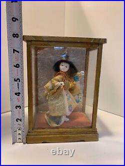 Vintage Japanese Drummer Girl Gofun Hina Doll in Glass & Wood Display Case