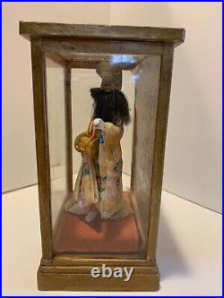 Vintage Japanese Drummer Girl Gofun Hina Doll in Glass & Wood Display Case