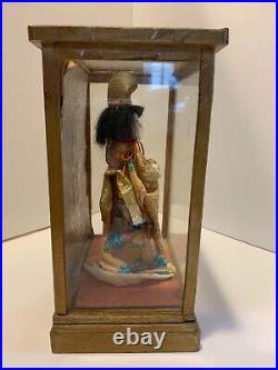 Vintage Japanese Drummer Girl Gofun Hina Doll in Glass & Wood Display Case