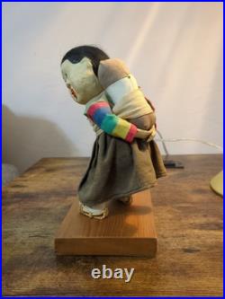 Vintage Japanese Fabric Cloth Doll On Signed Wood Stand Vintage Japanese Fabric Cloth Doll On Signed Wood Stand