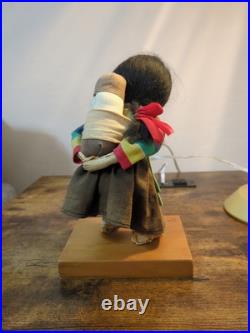 Vintage Japanese Fabric Cloth Doll On Signed Wood Stand Vintage Japanese Fabric Cloth Doll On Signed Wood Stand