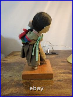 Vintage Japanese Fabric Cloth Doll On Signed Wood Stand Vintage Japanese Fabric Cloth Doll On Signed Wood Stand
