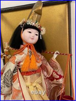 Vintage Japanese Geisha Doll 18 withWater Buckets Pales in Glass Case