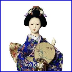 Vintage Japanese Geisha Doll Traditional Blue Kimono Folk Craft Maiko Geiko