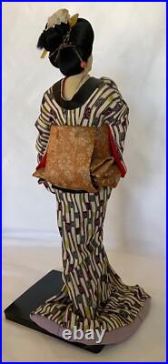 Vintage Japanese Geisha Doll in Kimono on Wood Pedestal Beautiful Vintage Japanese Geisha Doll in Kimono on Wood Pedestal Beautiful