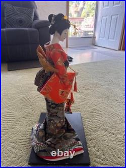 Vintage Japanese Geisha Doll in Multi Color Red Floral Kimono 13 Wood Base