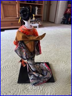 Vintage Japanese Geisha Doll in Multi Color Red Floral Kimono 13 Wood Base