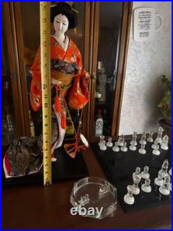 Vintage Japanese Geisha Doll in Multi Color Red Floral Kimono 13 Wood Base