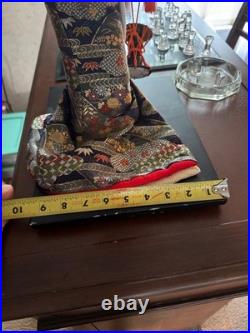 Vintage Japanese Geisha Doll in Multi Color Red Floral Kimono 13 Wood Base
