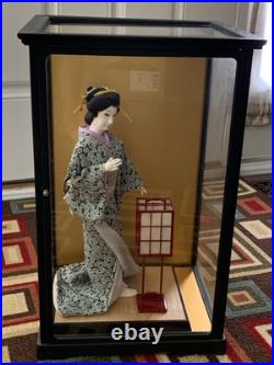 Vintage Japanese Geisha Doll with Lantern in Display Glass Case