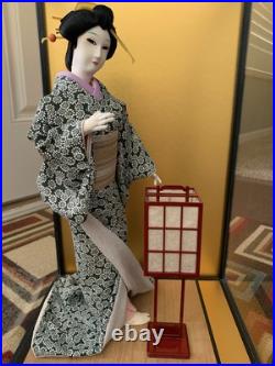 Vintage Japanese Geisha Doll with Lantern in Display Glass Case