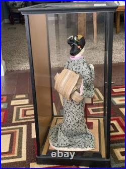Vintage Japanese Geisha Doll with Lantern in Display Glass Case