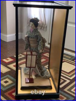 Vintage Japanese Geisha Doll with Lantern in Display Glass Case