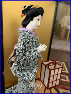 Vintage Japanese Geisha Doll with Lantern in Display Glass Case
