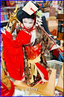 Vintage Japanese Geisha Fuji musume Doll 17.5 Silk Red Kimono, nihon ningyo