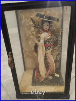 Vintage Japanese Geisha Oyama Doll in Silk Kimono & Black Glass Display Case