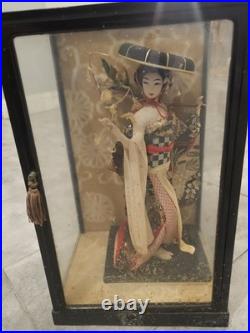 Vintage Japanese Geisha Oyama Doll in Silk Kimono & Black Glass Display Case