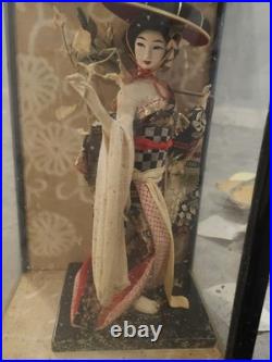 Vintage Japanese Geisha Oyama Doll in Silk Kimono & Black Glass Display Case