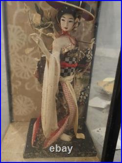 Vintage Japanese Geisha Oyama Doll in Silk Kimono & Black Glass Display Case