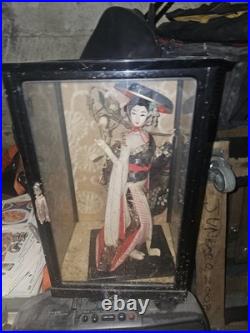 Vintage Japanese Geisha Oyama Doll in Silk Kimono & Black Glass Display Case
