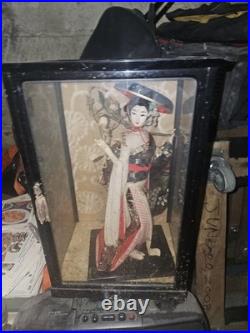 Vintage Japanese Geisha Oyama Doll in Silk Kimono & Black Glass Display Case