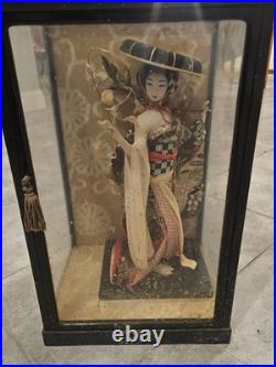 Vintage Japanese Geisha Oyama Doll in Silk Kimono & Black Glass Display Case