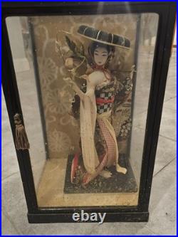 Vintage Japanese Geisha Oyama Doll in Silk Kimono & Black Glass Display Case