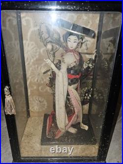 Vintage Japanese Geisha Oyama Doll in Silk Kimono & Black Glass Display Case