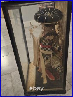 Vintage Japanese Geisha Oyama Doll in Silk Kimono & Black Glass Display Case
