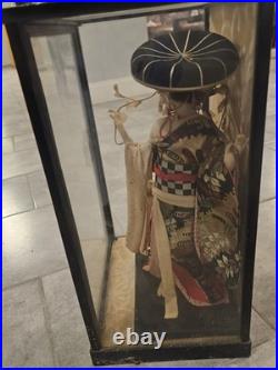 Vintage Japanese Geisha Oyama Doll in Silk Kimono & Black Glass Display Case