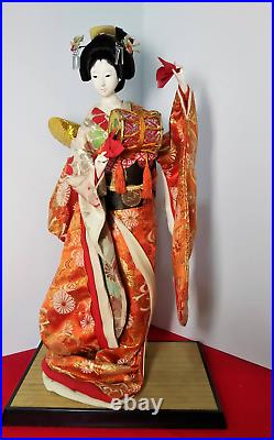 Vintage Japanese Geisha doll Kimono in glass case Antique BEAUTIFUL Orange