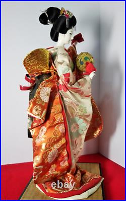 Vintage Japanese Geisha doll Kimono in glass case Antique BEAUTIFUL Orange
