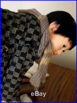 Vintage Japanese Gofun OOAK Doll Boy Girl Kasuri Indigo Hanten Kimono Monpe 19