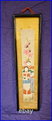 Vintage Japanese Hanging scroll standing Hina Dolls and Peach Blossoms Vintage Japanese Hanging scroll standing Hina Dolls and Peach Blossoms