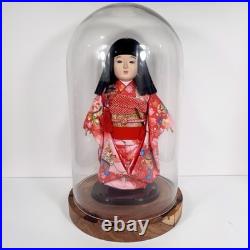 Vintage Japanese Ichimatsu Ningyo Doll 16 Kimono with Glass Display Dome Case
