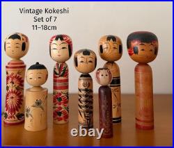 Vintage Japanese Kokeshi Doll Lot of 7 Wooden Dolls 11-18cm Collectible 15+