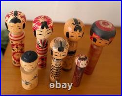 Vintage Japanese Kokeshi Doll Lot of 7 Wooden Dolls 11-18cm Collectible 15+