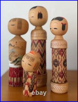 Vintage Japanese Kokeshi Doll Set of 4 Woven Designs 11-26 cm Collectible 15+