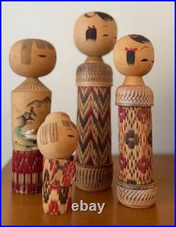 Vintage Japanese Kokeshi Doll Set of 4 Woven Designs 11-26 cm Collectible 15+