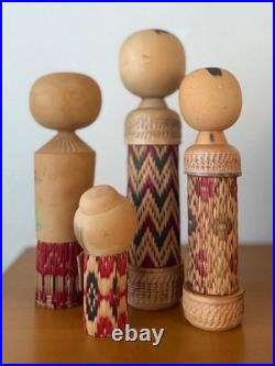 Vintage Japanese Kokeshi Doll Set of 4 Woven Designs 11-26 cm Collectible 15+