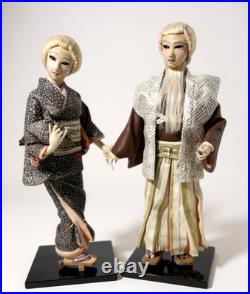 Vintage Japanese Ningyo Doll Pair 15-16 Kabuki Couple Gofun Faces Kimono Japan
