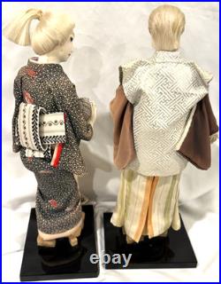 Vintage Japanese Ningyo Doll Pair 15-16 Kabuki Couple Gofun Faces Kimono Japan