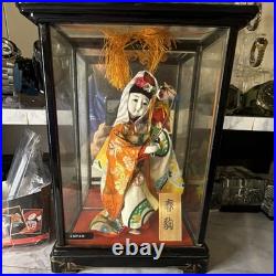 Vintage Japanese Ningyo Doll in Glass Display Case Silk Kimono Made in Japan