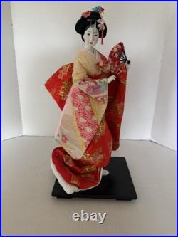 Vintage Japanese Oiran Doll Courtesan Bijin Ningyo Geisha Kimono Figurine 2 Fans
