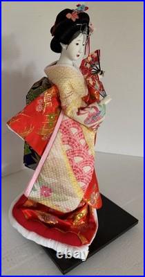 Vintage Japanese Oiran Doll Courtesan Bijin Ningyo Geisha Kimono Figurine 2 Fans