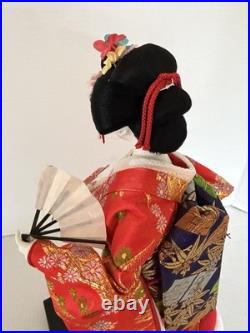 Vintage Japanese Oiran Doll Courtesan Bijin Ningyo Geisha Kimono Figurine 2 Fans