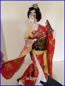 Vintage Japanese Oiran Doll Courtesan Bijin Ningyo Geisha Kimono Figurine 2 Fans